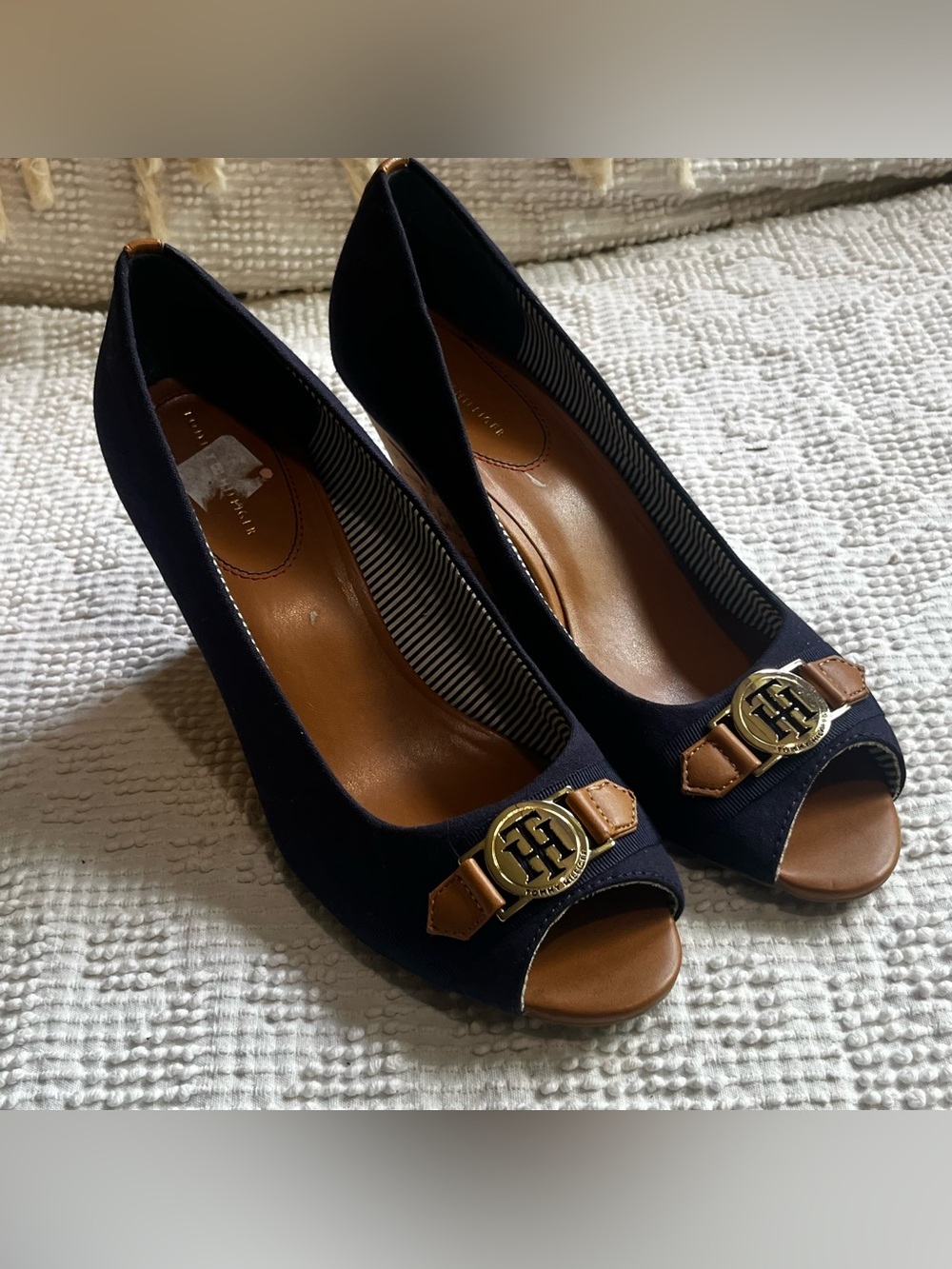 TOMMY HILFIGER- Navy Peep-toe Wedges Size 10